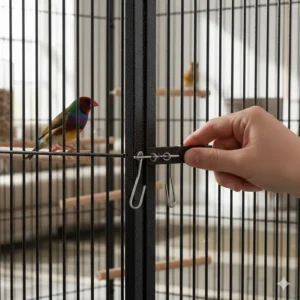 Close-up of secure, bird-proof door latches on a large indoor finch cage.