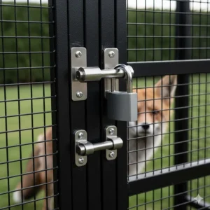 High-security bolt locks and a padlock on a heavy-duty black metal aviary panel, designed to protect livestock from local predators like foxes.
