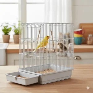 A compact bird cage suitable for a canary or finch, featuring easy-clean pull-out trays.