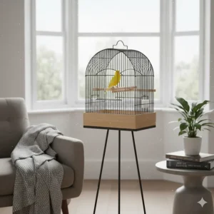 A small bird cage placed in a bright, draught-free spot near a window in a UK home.