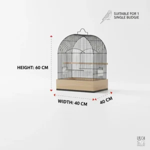 Diagram showing the height and width of a small bird cage suitable for a single budgie.