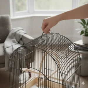 Top view of a lightweight small bird cage showing a secure metal carrying handle.