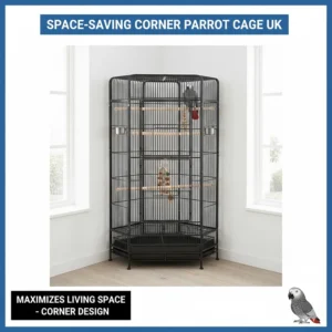 A large corner-style African Grey cage designed to maximise living space in a UK living room.