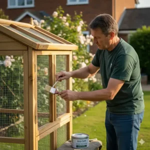 A man applying bird-safe wood preserver to a timber aviary frame as part of essential annual maintenance for wooden structures.