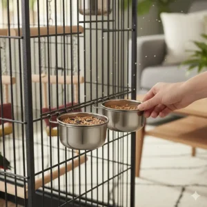 Large parrot cage featuring swing-out feeder gates with stainless steel bowls for easy access.