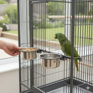 Illustration of stainless steel swing-out feeding bowls for a large parrot cage, showing external access.