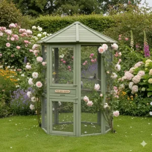 A classic pent-roof wooden aviary painted in heritage sage green, designed to blend naturally into a traditional British cottage garden.