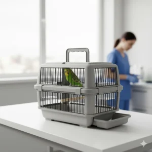 A portable lightweight travel bird cage with a secure handle for vet visits.