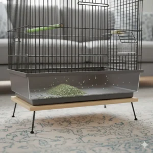 Close-up of the deep glass-like base of a Vision cage designed to keep bird seed and waste inside.