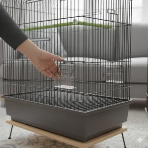 Close-up of Vision’s unique exterior access feeders that reduce stress for pet birds during refills.
