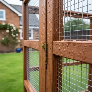 Close-up of pressure-treated FSC redwood timber showing water beads and resistance to typical British rain and damp conditions.