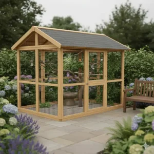 A timber-framed outdoor bird cage or aviary situated on a patio in a UK garden.