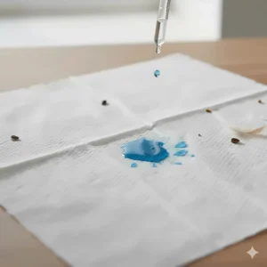 Close-up of a thick, absorbent paper bird cage liner showing its moisture-wicking texture with a blue liquid test for performance.