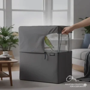 Hand adjusting a drawstring on a navy blue bird cage cover for a secure, custom fit.