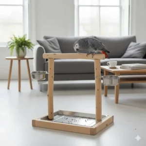 An African Grey parrot perched on a wooden play stand reaching for a water bowl.