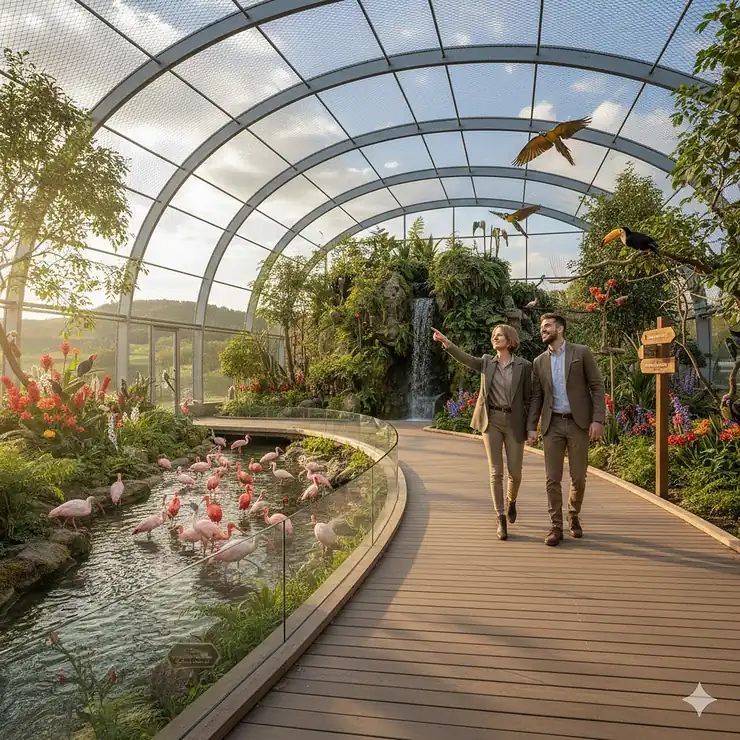 A large-scale walk-in aviary at a British wildlife centre with visitors observing tropical birds from a wooden boardwalk. walk in aviary