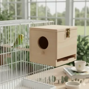 Diagram showing how to securely fix a wooden nest box to the outside of a wire budgie cage.