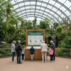 Educational signage about British conservation programmes located inside a walk-in aviary.