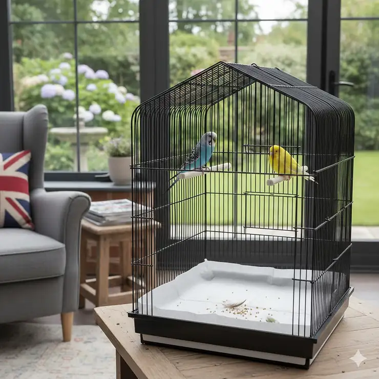 A clean, high-quality bird cage liner fitted at the bottom of a large wire cage in a bright British living room with garden views. bird cage liner