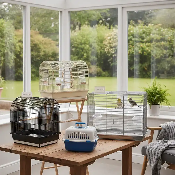 A wide selection of affordable bird cages under £100 suitable for small to medium pet birds, displayed in a bright UK home setting. bird cage under £100