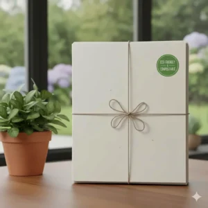 A stack of eco-friendly, compostable bird cage liners made from recycled materials, featuring a green environmentally friendly seal.