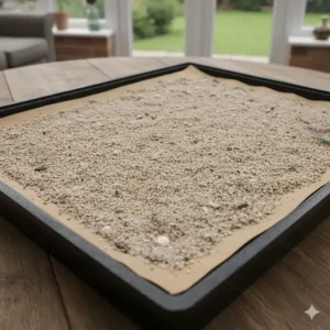 A traditional British sand sheet for bird cages used as a textured, grit-covered liner inside a removable cage tray.