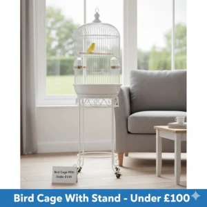 Elegant white bird cage on a rolling pedestal stand, an affordable furniture piece for a British living room.