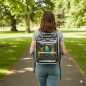 A modern backpack-style bird travel carrier with a clear viewing window for walks in a British park.