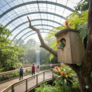 Close-up of a bird nesting box positioned for public viewing within a walk-in aviary.