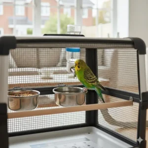Internal view of a bird travel carrier fitted with secure feeding bowls and a water dispenser.