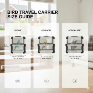 An infographic showing bird travel carrier dimensions for budgies, cockatiels, and African Greys.