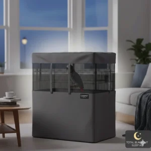 Illustration showing a bird cage cover blocking out light to help pet birds sleep during bright UK summer evenings.