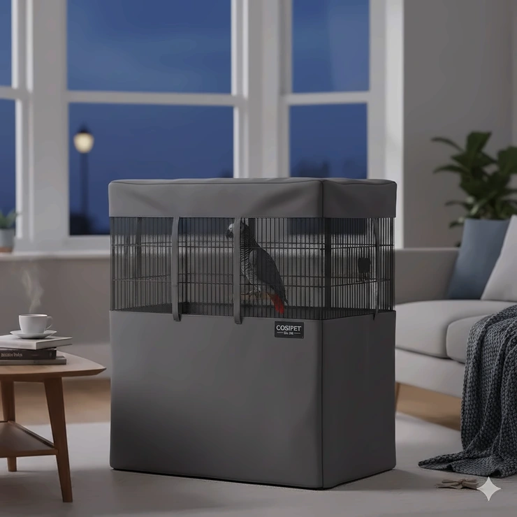 A high-quality, breathable bird cage cover in charcoal grey fitted over a large parrot cage in a British living room. breathable bird cage cover