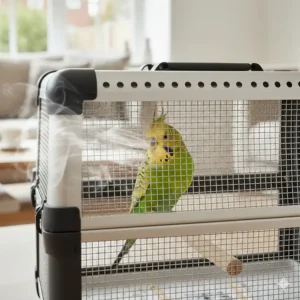 Illustration of side ventilation holes on a bird travel carrier ensuring fresh air flow for a pet bird.