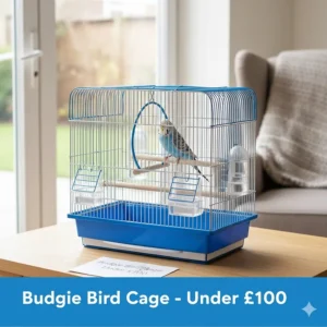 Compact blue and white budgie cage with perches and feeders, priced under £100.