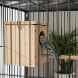 Interior view of a budgie breeding cage showing a blue budgie perched on a wooden dowel outside a wooden nest box.