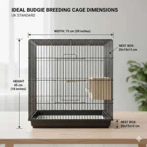 A diagrammatic photo of a budgie breeding cage with text labels showing ideal UK standard dimensions in centimetres and inches.