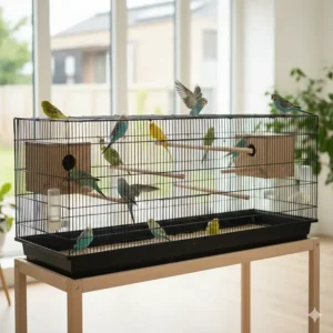 A long, horizontal flight cage for budgies with multiple perches and nest boxes, providing ample room for exercise and flight.