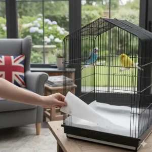 A blue and a yellow budgie perched inside a cage while a fresh, white bird cage liner is being fitted at the base.