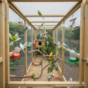 Interior view of a long garden aviary flight path suitable for budgerigars and small parakeets.