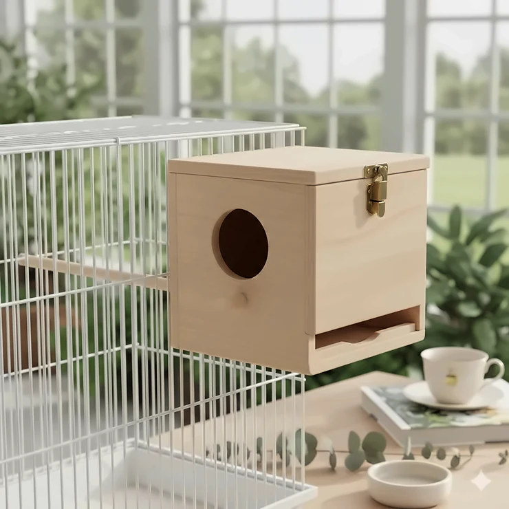 A high-quality wooden budgie nest box with a circular entry hole and a side-opening lid for easy inspection. budgie nest box wooden