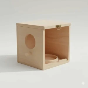 Internal view of a timber budgie nest box featuring a circular concave floor to prevent egg rolling.