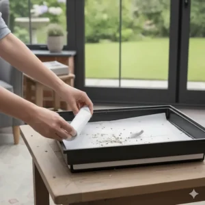A person rolling up a used cage liner for quick and mess-free disposal during a routine bird cage cleaning session.