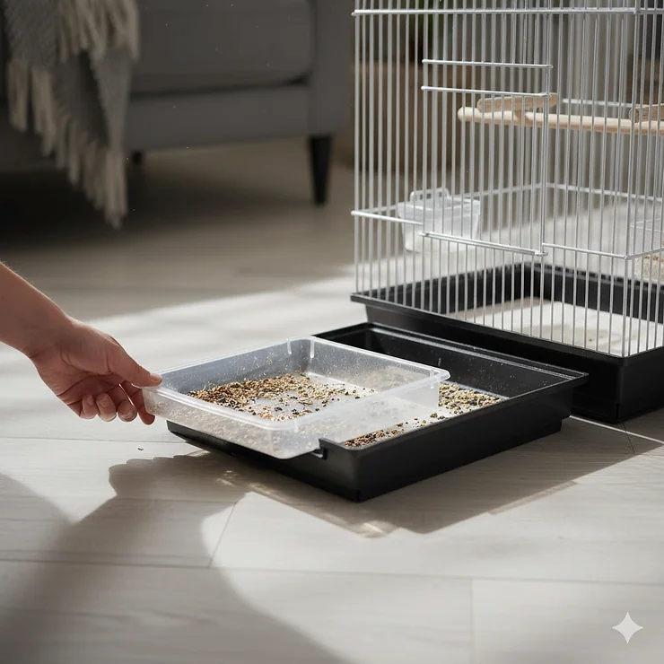 A stylish and cheap bird cage for small birds, positioned in a bright British living room. cheap bird cage