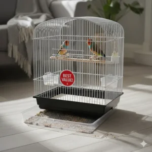 An inexpensive bird cage kit including seed guards, water dispensers, and wooden perches.