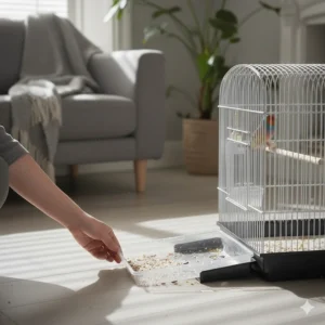 Compact and affordable budgie cage featuring a black wire frame and integrated stand.