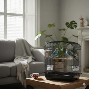 Small tabletop bird cage in white wire, ideal for British homes with limited space.