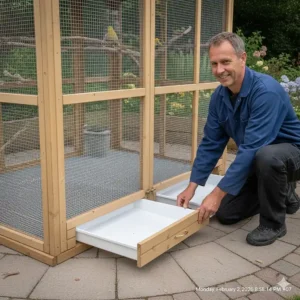 A man demonstrating easy-access cleaning trays at the base of a timber garden aviary.