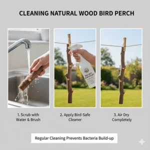 A sequence showing how to clean a natural wood perch by scrubbing, using bird-safe disinfectant, and air drying outdoors in a garden.