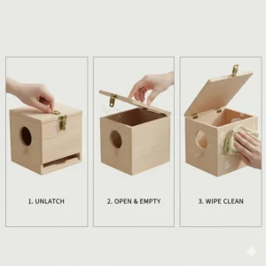 Step-by-step illustration of how to clean a wooden budgie nest box after the breeding season.